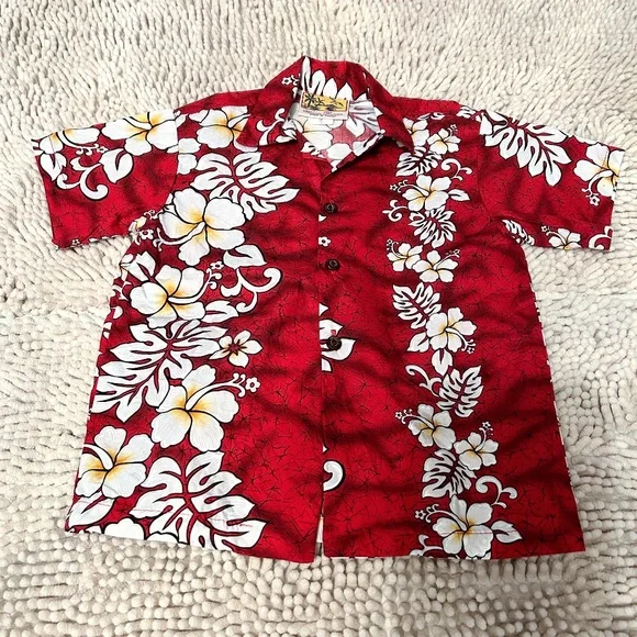 Winnie Fashion Hawaiian Boys 6 Aloha Button Up Shirt Hibiscus White On Red EUC - Picture 1 of 9